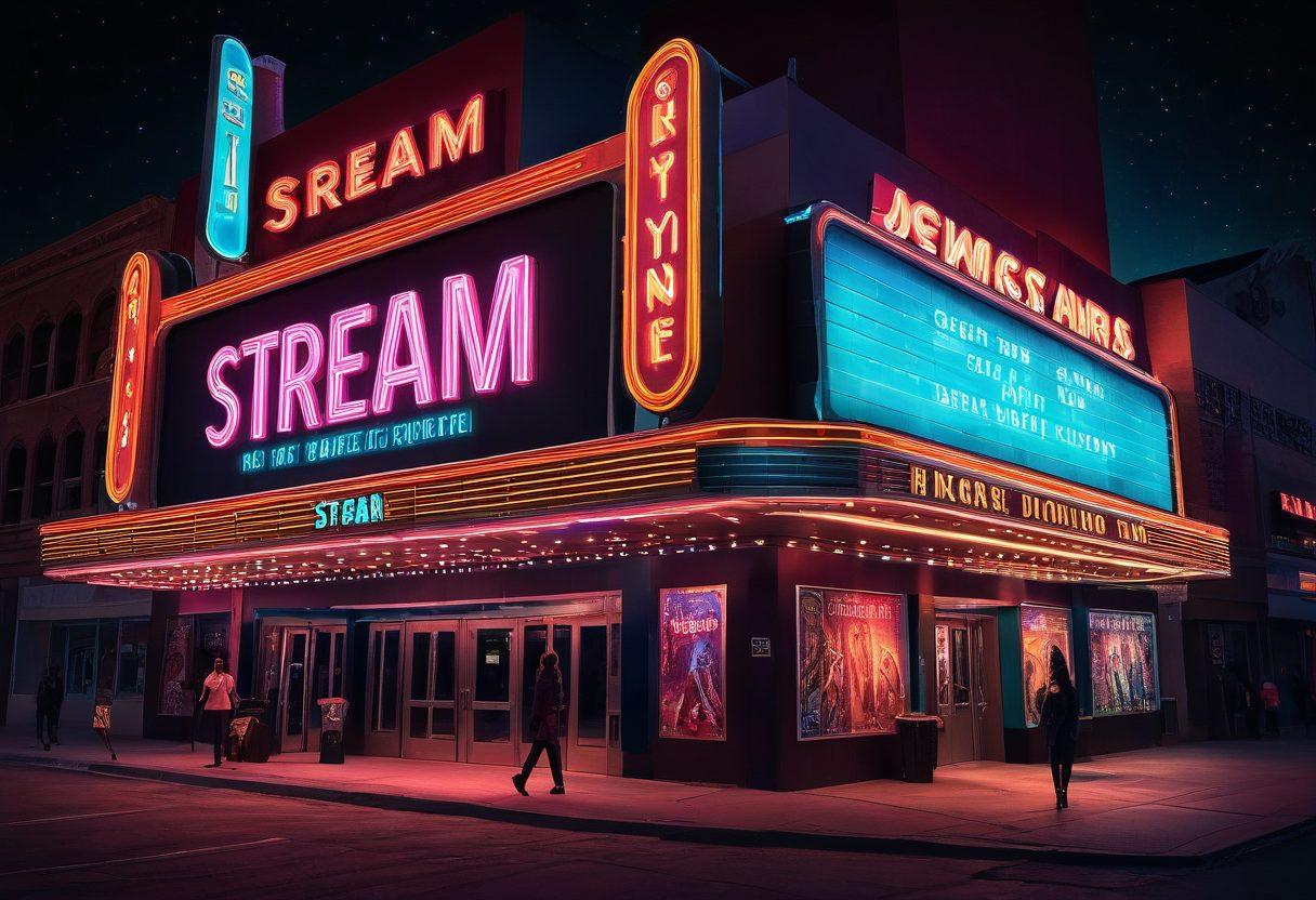 A vibrant movie theater marquee at night with a digital twist, showcasing a dynamic collage of popular movie posters from various genres. The marquee reads 'Stream and Download Anytime' in neon lights, with excited audiences lining up and streaming devices scattered around. Cinematic magic meets digital convenience. super-realistic. vibrant colors. dynamic lighting.