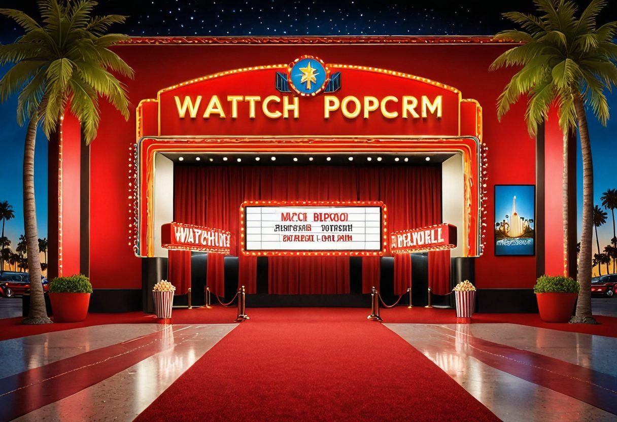 A dynamic, vibrant movie theater scene with a red carpet, dazzling lights, iconic Hollywood palm trees, and excited fans holding popcorn and drinks. Depict famous movie posters on the walls, a marquee with 'Watch for Free', and a cinema screen showing a popular blockbuster. super-realistic. vibrant colors.
