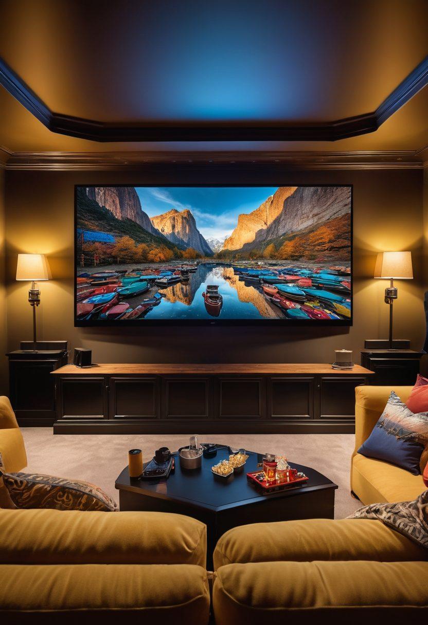 A stunning home theater room with a large 4K TV screen displaying a vibrant, action-packed movie scene. Surrounding the TV, a cozy setup with comfortable couches, a bucket of popcorn, and a remote control. The scene should exude a sense of enjoyment without any subscription logos. Super-realistic. Vibrant colors. Cozy atmosphere.